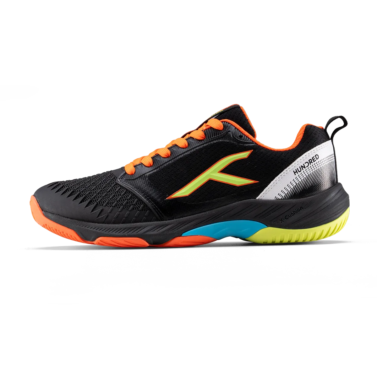 Hundred Hyperspike Badminton Shoes KPU Support Plate X Cushion Active Grip Black/Orange/Lime/Blue UK 6