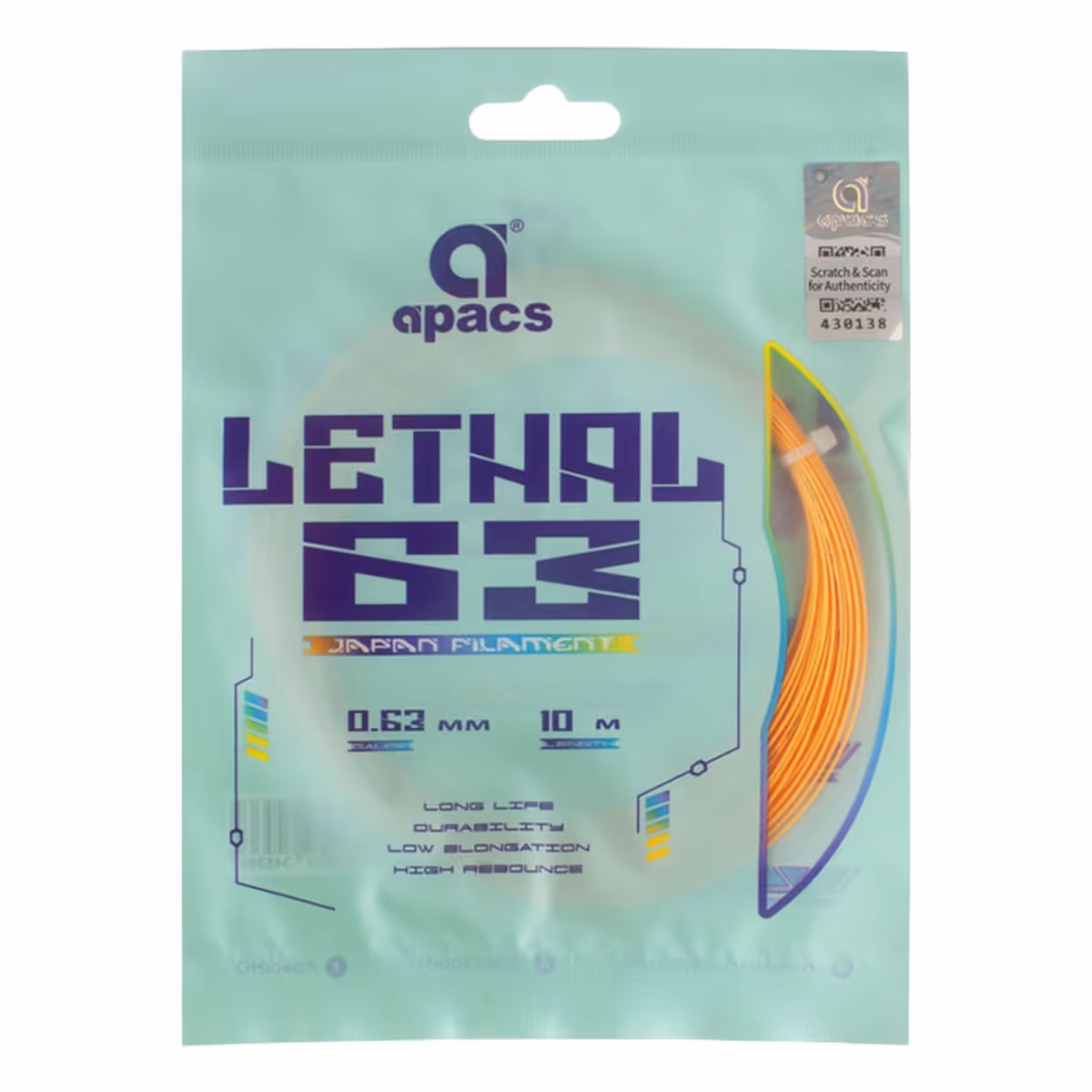 Apacs Lethal 63 Badminton String Orange 0.63mm Taiwan Made