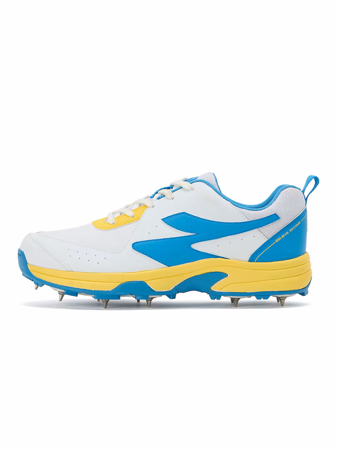 SG Savage Max Spikes Cricket Shoes White/Yellow/Sky Blue Size 7